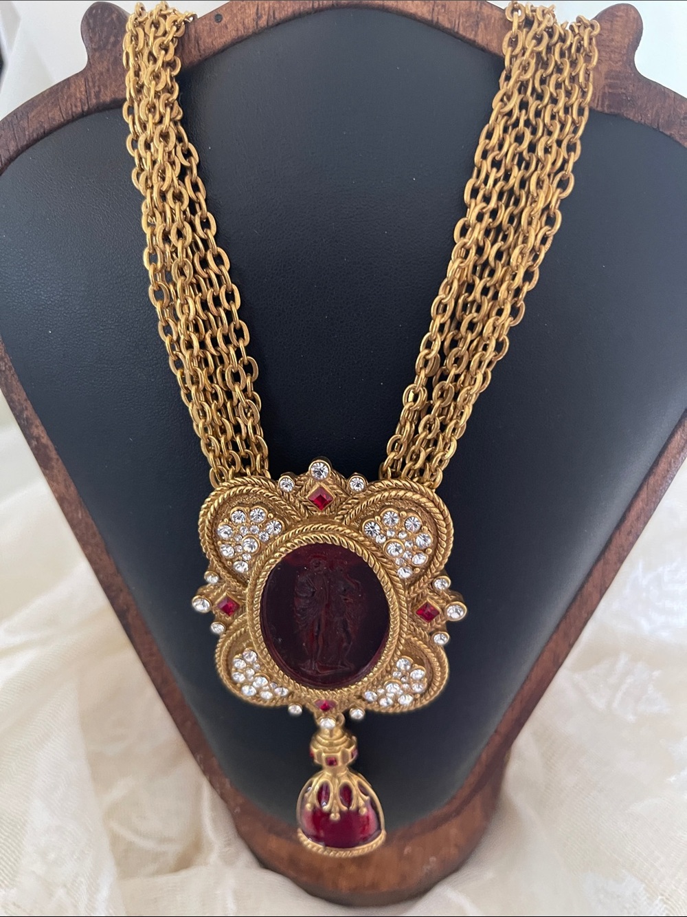 Gold-Tone Multi-Chain Necklace with Red Intaglio Center and Red Accents